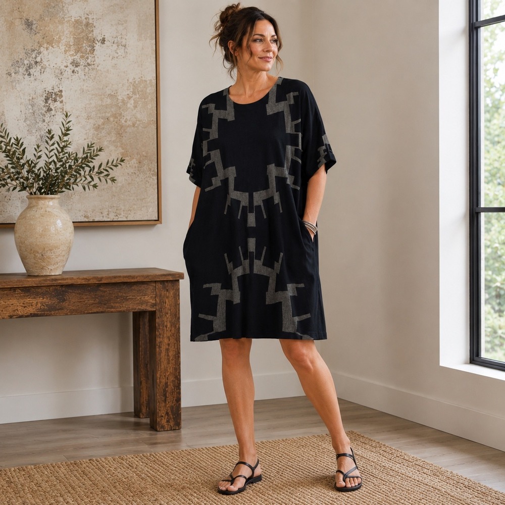 UZI NYC Women Medium Black Geometric Cotton Oversized Tunic Dreas USA Artsy